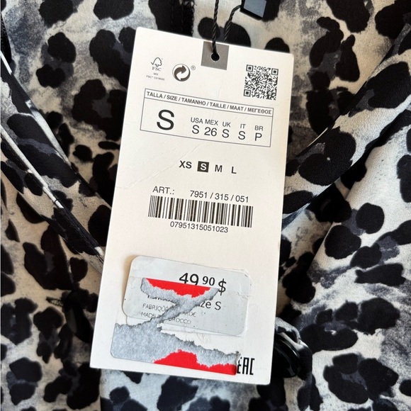 NWT Zara Leopard Print Flowy Dolman Sleeve Silky Blouse Shirt Top Black White - Picture 10 of 12